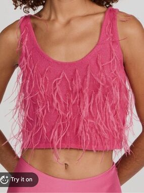Sally LaPointe Pink Feather-Trim Cashmere-Silk Crop Tank